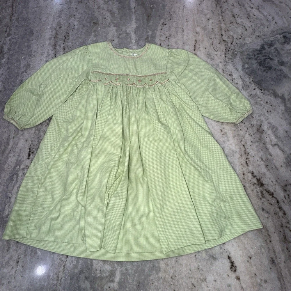 Petit Pomme Smocked Dress Long Sleeve Green Gingham Flowers Toddler Kids Sz 4T